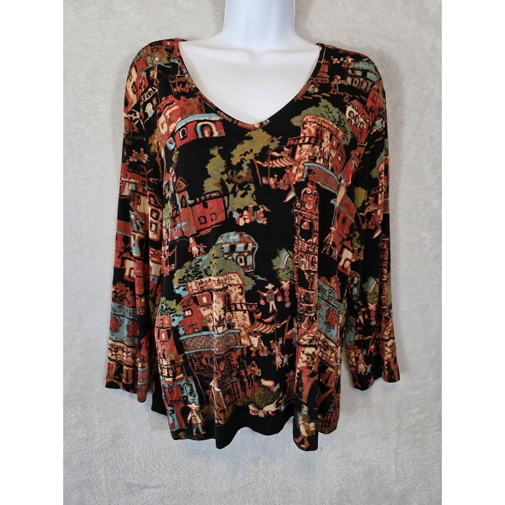 EUC Chicos Travelers Shirt Womens 2 Black Village Print Wrinkle Resistant Office